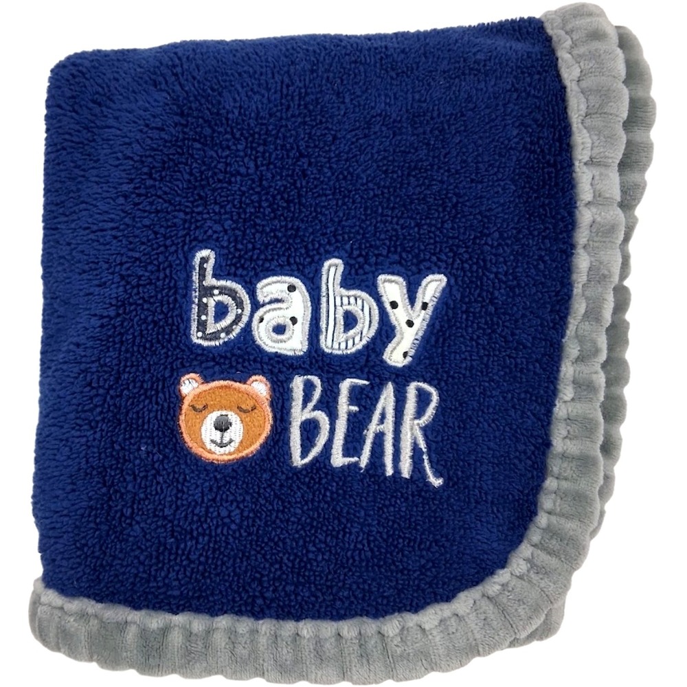Cribmates‎ Blue Baby Bear Blanket Gray Ribbed Trim Navy Boy Soft Fleece